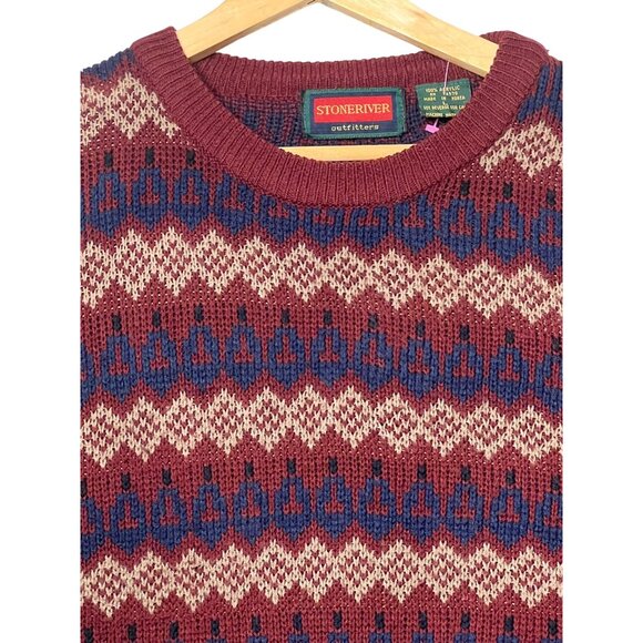 VTG Stoneriver Outfitters Men L Maroon Blue Patterned Crew Sweater Acrylic 80's - Picture 2 of 16
